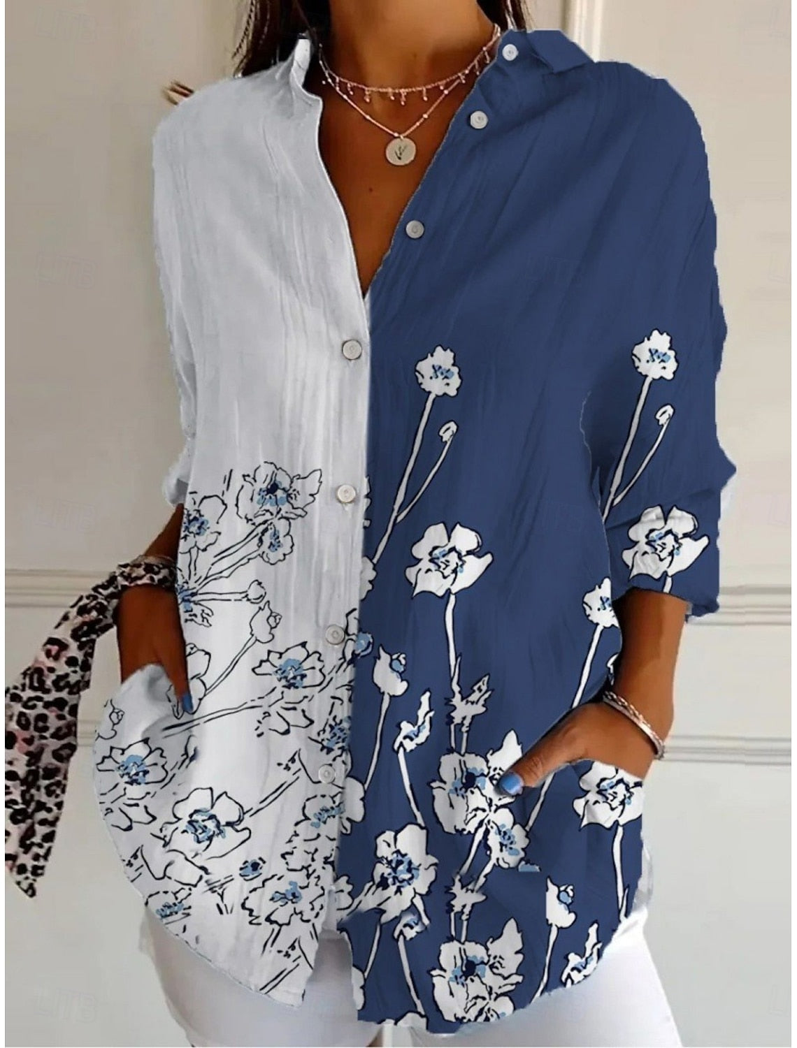 Camisa Floral de Mujer – Deportiva y con Estilo, Manga Larga, Cuello con Solapa, Ajuste Regular, Perfecta para Uso Diario y Vacaciones, Abotonada, Estampada, Azul, Primavera y Otoño