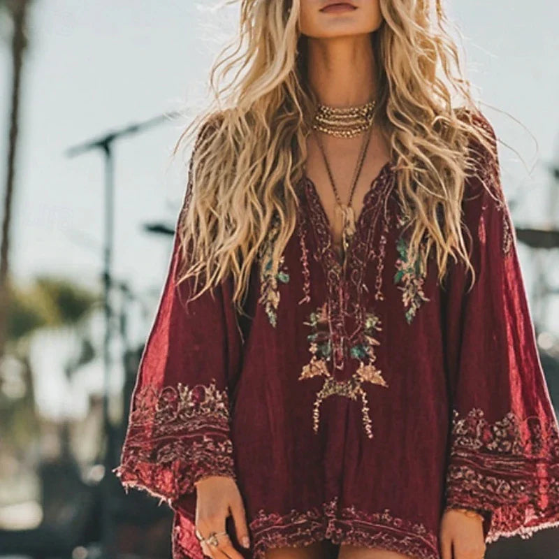 Vestido Midi para Mujer – Boho Vintage Clásico, Perfecto para Vacaciones y Uso Diario, Ajuste Regular, Estampado Floral, Manga Larga, Escote en V, Rojo, Verano