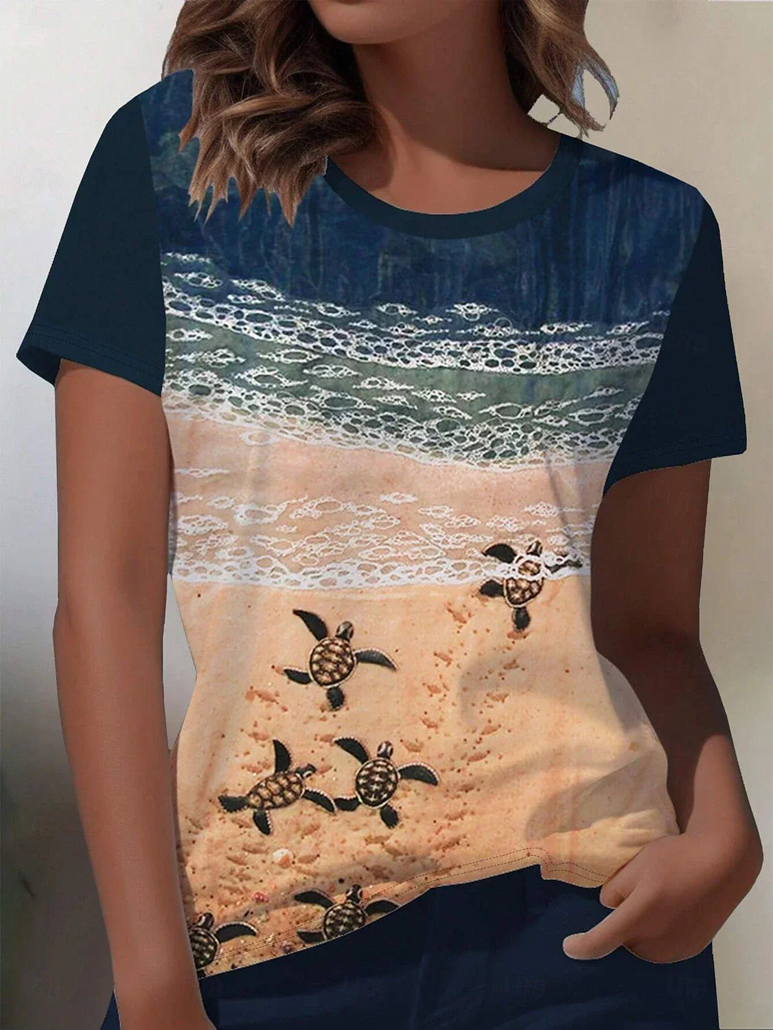 Camiseta Casual Ocean para Mujer – Manga Corta, Cuello Redondo, Ajuste Regular, Estampado Diario, Azul, Primavera y Verano