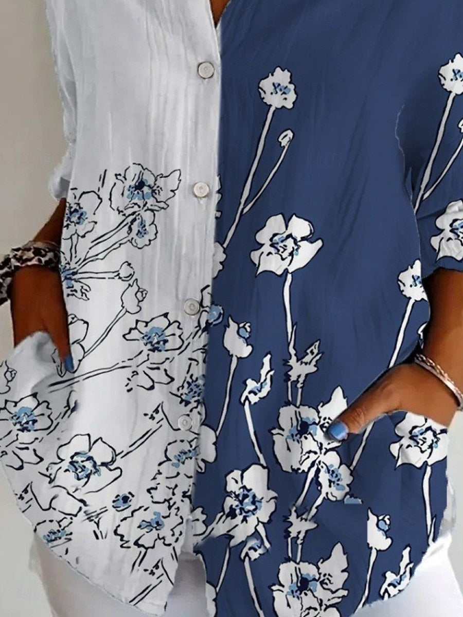 Camisa Floral de Mujer – Deportiva y con Estilo, Manga Larga, Cuello con Solapa, Ajuste Regular, Perfecta para Uso Diario y Vacaciones, Abotonada, Estampada, Azul, Primavera y Otoño