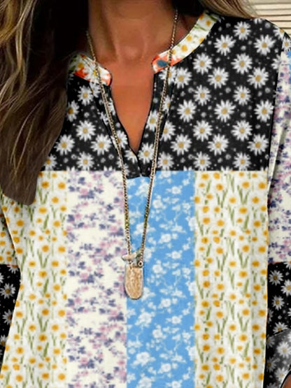 Blusa Floral para Mujer – Elegante y moderna, manga larga, escote en V, ajuste regular, perfecta para uso diario y vacaciones, estampada, negro y blanco, verano