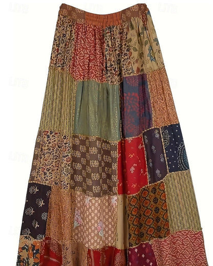 Falda Larga Boho Casual para Mujer – Cintura Media, Estampado Floral, Elástica, Perfecta para Vacaciones y Estilo Urbano, Rojo-Azul, Verano, Poliéster