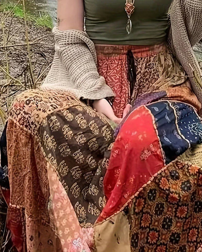 Falda Larga Boho Casual para Mujer – Cintura Media, Estampado Floral, Elástica, Perfecta para Vacaciones y Estilo Urbano, Rojo-Azul, Verano, Poliéster