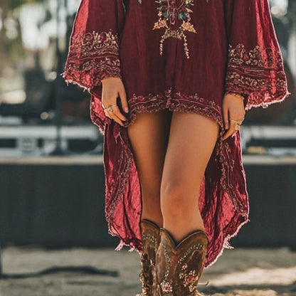 Vestido Midi para Mujer – Boho Vintage Clásico, Perfecto para Vacaciones y Uso Diario, Ajuste Regular, Estampado Floral, Manga Larga, Escote en V, Rojo, Verano