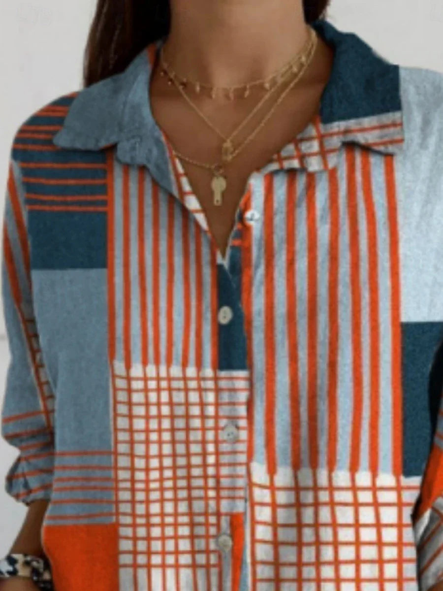 Blusa para Mujer – Bloques de Color Geométricos, Camisa Elegante de Manga Larga con Cuello, Ajuste Regular, Ideal para Uso Diario y Vacaciones, con Botones y Estampado, Azul, Verano