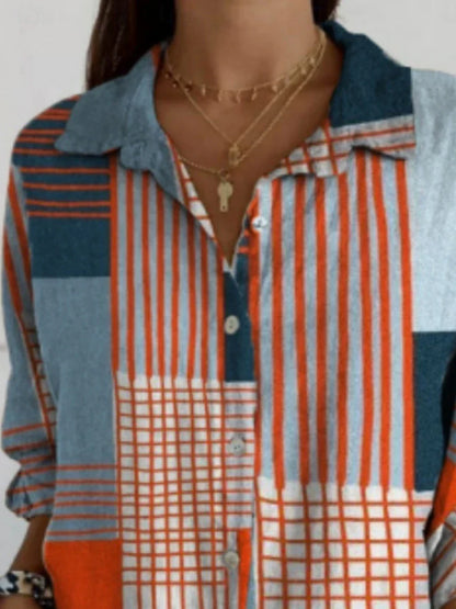 Blusa para Mujer – Bloques de Color Geométricos, Camisa Elegante de Manga Larga con Cuello, Ajuste Regular, Ideal para Uso Diario y Vacaciones, con Botones y Estampado, Azul, Verano