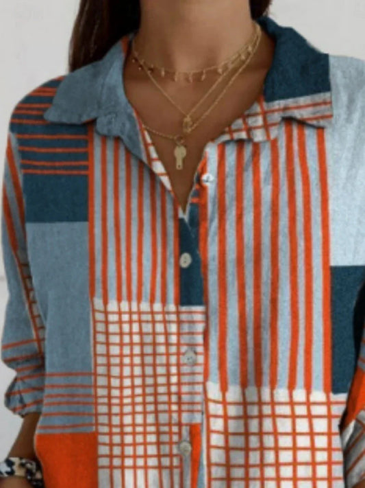 Blusa para Mujer – Bloques de Color Geométricos, Camisa Elegante de Manga Larga con Cuello, Ajuste Regular, Ideal para Uso Diario y Vacaciones, con Botones y Estampado, Azul, Verano