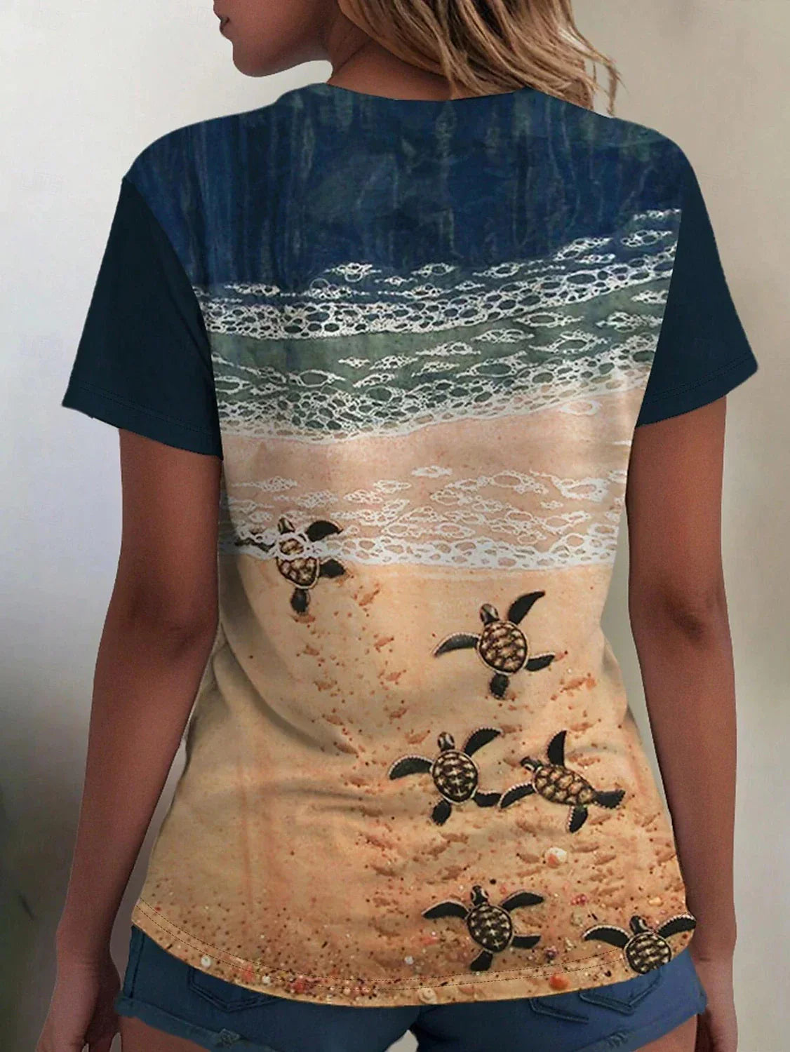 Camiseta Casual Ocean para Mujer – Manga Corta, Cuello Redondo, Ajuste Regular, Estampado Diario, Azul, Primavera y Verano