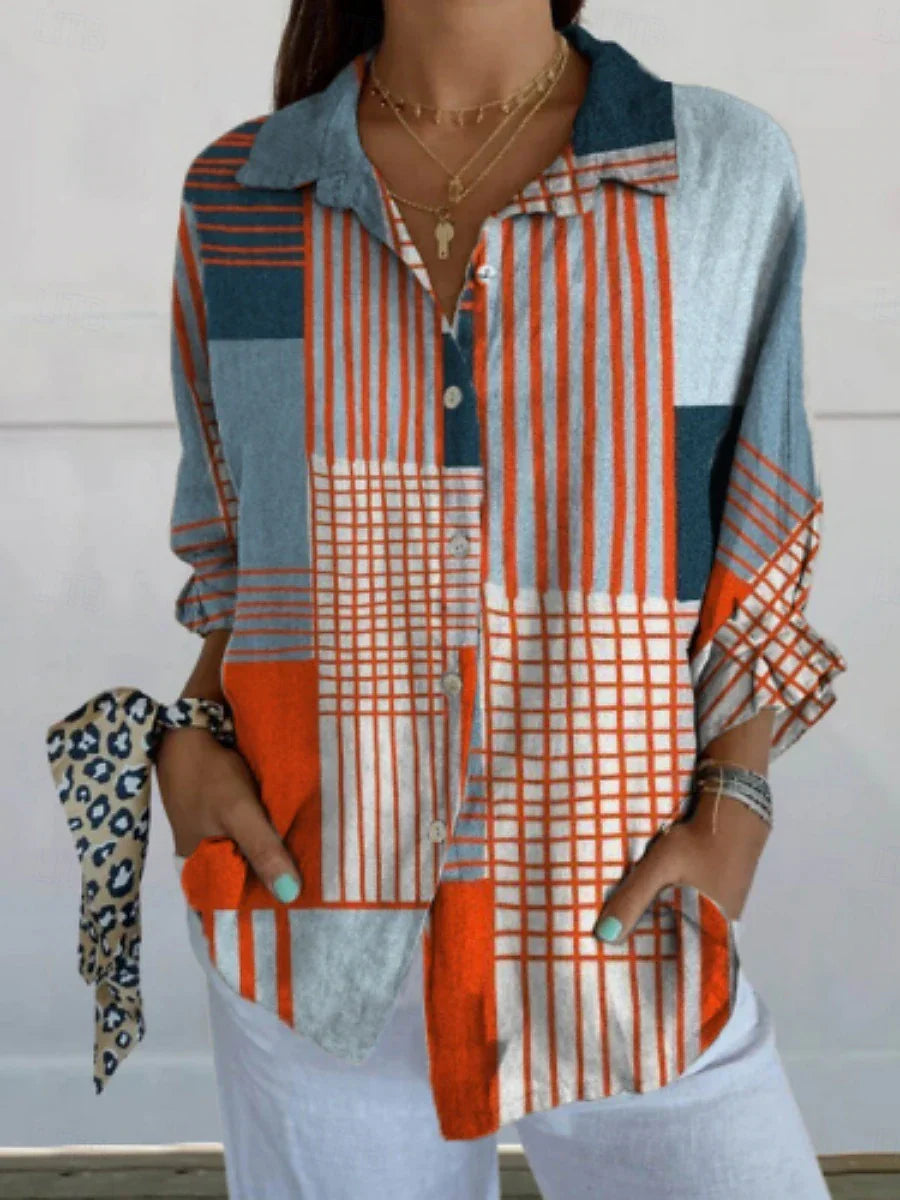 Blusa para Mujer – Bloques de Color Geométricos, Camisa Elegante de Manga Larga con Cuello, Ajuste Regular, Ideal para Uso Diario y Vacaciones, con Botones y Estampado, Azul, Verano