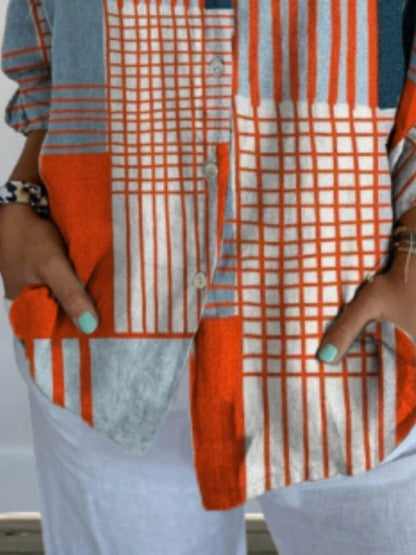 Blusa para Mujer – Bloques de Color Geométricos, Camisa Elegante de Manga Larga con Cuello, Ajuste Regular, Ideal para Uso Diario y Vacaciones, con Botones y Estampado, Azul, Verano