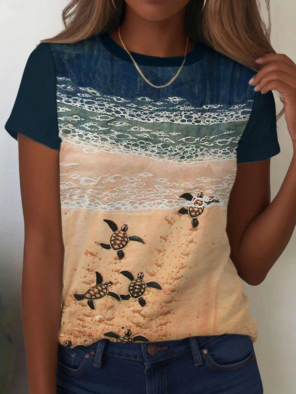 Camiseta Casual Ocean para Mujer – Manga Corta, Cuello Redondo, Ajuste Regular, Estampado Diario, Azul, Primavera y Verano